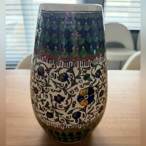 Authentic 1970’s Turkish Vase. Floral blue, green, yellow, henna, cream pattern.